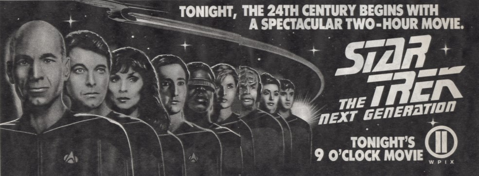 1987 TV Guide ad for the premiere of "Star Trek: The Next Generation." Really sloppy airbrushed wet-looking illustrations of the TNG crew with expressions ranging from blank to befuddled are lined up across the page while the Enterprise D zooms past leaving another weird streaming contrail behind it. The text reads, "Tonight, the 24th Century begins with a spectacular two-hour movie."