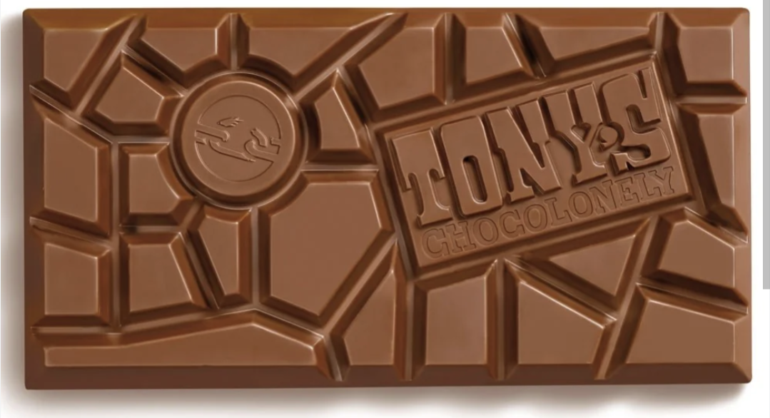 Picture of Tony's Chocolonely bar, with its unevenly divided pieces