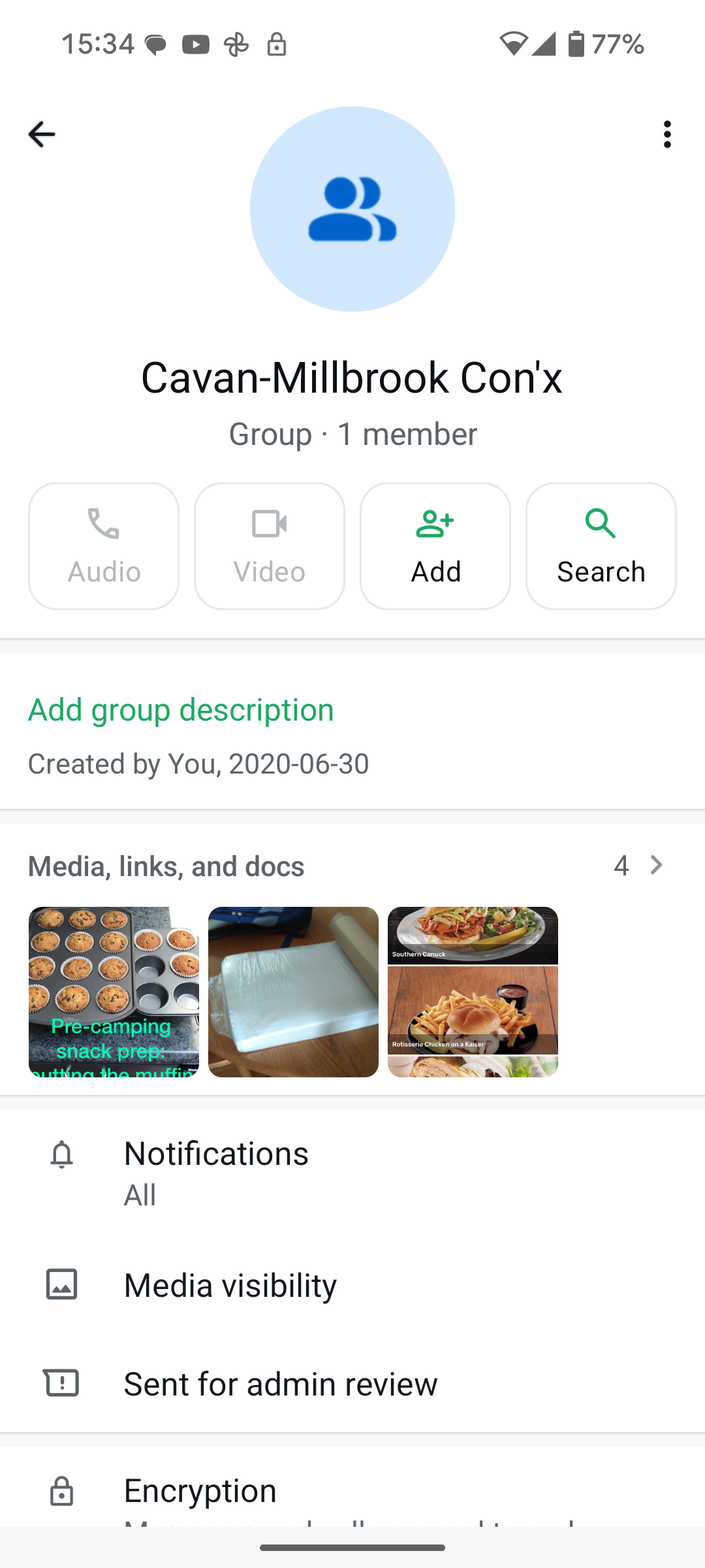 Screenshot taken from WhatsApp showing a group with a single member