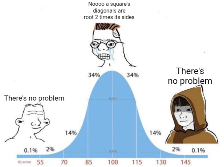the bell curve meme with the extremes saying that there is no issue with the posted meme, and the center of the bell curve saying it is impossible because the diagonals of a square are root two times the length of its sides