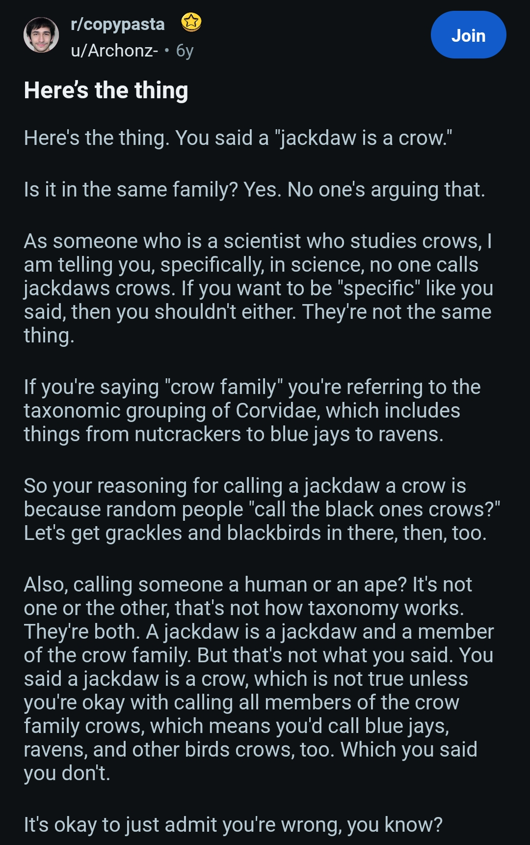 Screenshot of text, the "here's the thing" copypasta from /r/copypasta