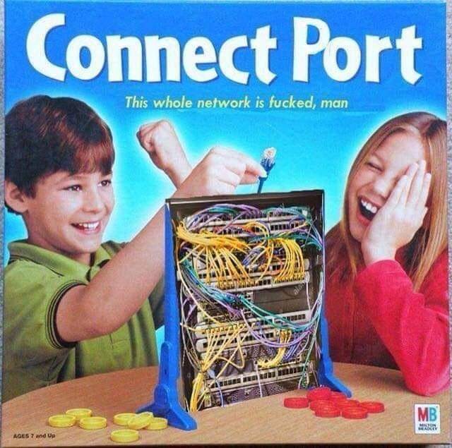 edited image of the Connect 4 game. "Connect Port" with a messy server rack instead of Connect 4.