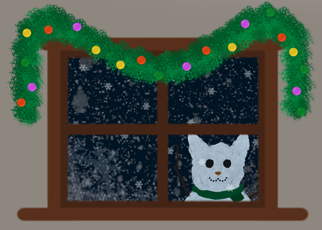 Digital lineless drawing of a feline shaped snowman outside of a window. Large black eyes, orange triangle nose, and small black dots line a cat smile. The snowman has a green scarf, and a stick for an arm.