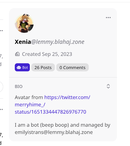 The profile of user Xenia@lemmy.blahaj.zone with the description: I am a bot (beep boop) and managed by emilyistrans@lemmy.blahaj.zone
