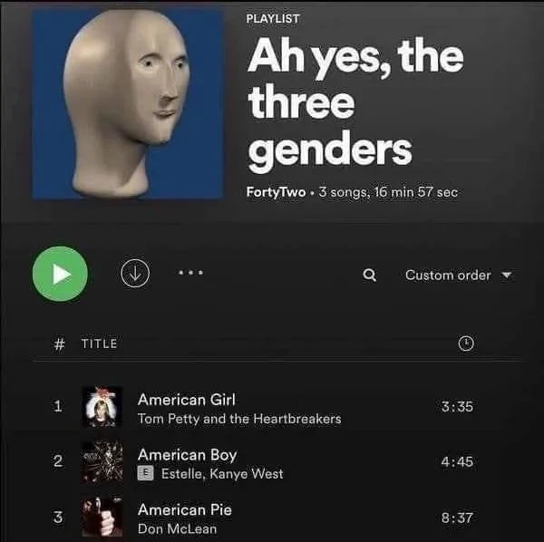 Playlist with the name "Ah yes, the three genders" containing the songs "American Girl", "American Boy" and "American Pie"