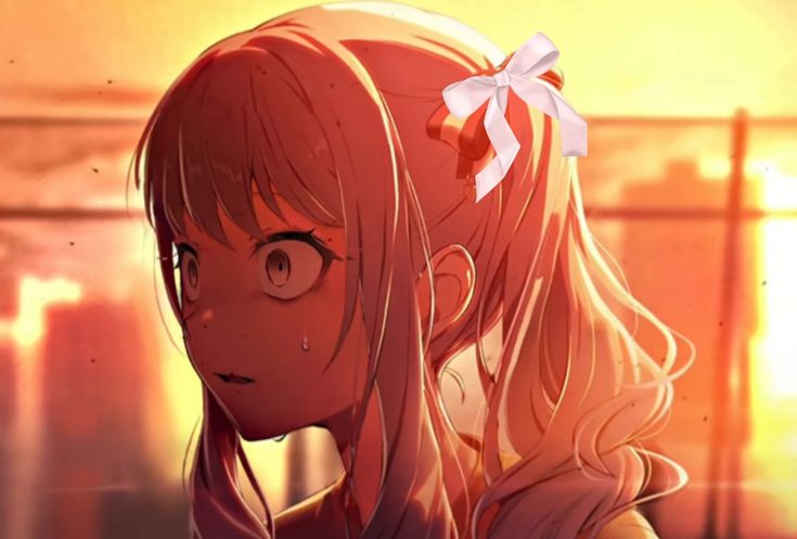 pink haired girl staring in distress