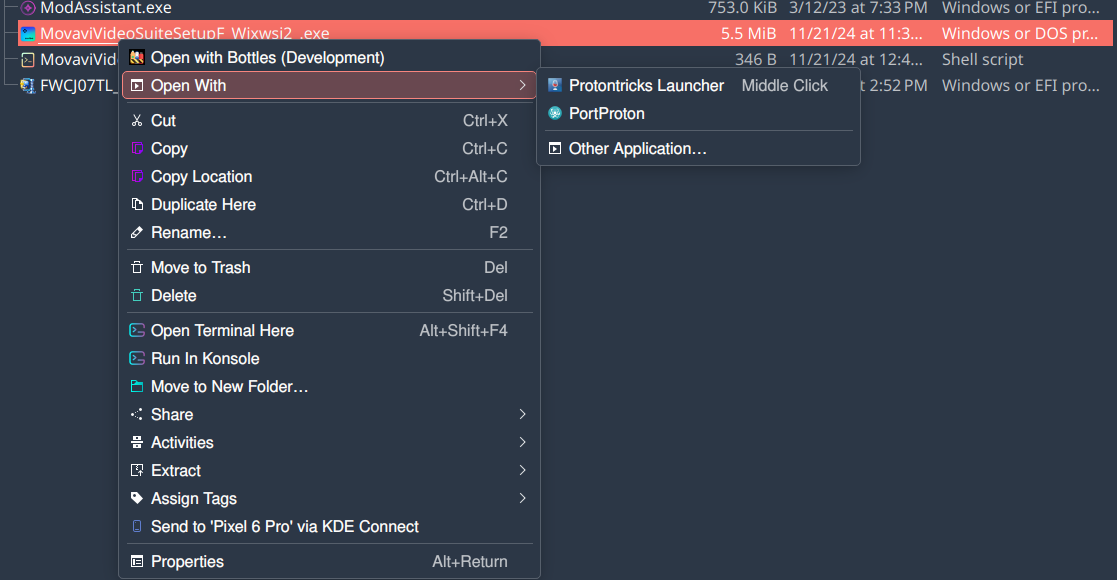 Screenshot from the Dolphin file manager in KDE showing what happens when you right-click on an EXE file