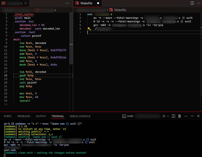 Screenshot of a three-panel VSCode showing: - Assembly code using GNU GAS syntax - Makefile with assembling, compiling and linking instructions (names blurred) - A bottom panel showing Nodemon (otherwise intended for Node.js) hot-reloading Assembly and showing its output: "sarc.asm".