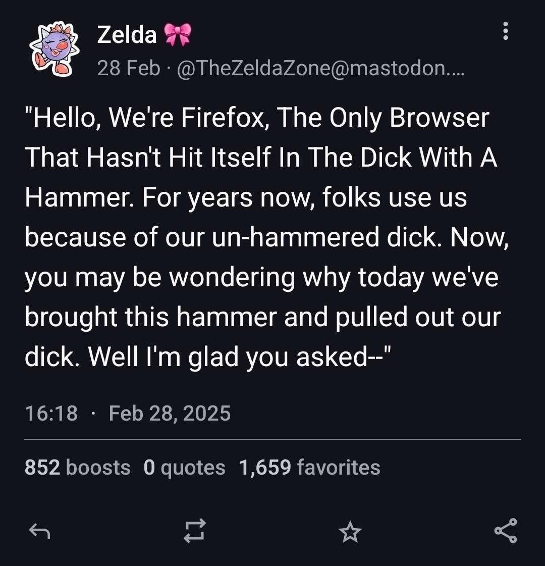 Screenshot of a message about Firefox joining the browsers hammering their own genitals