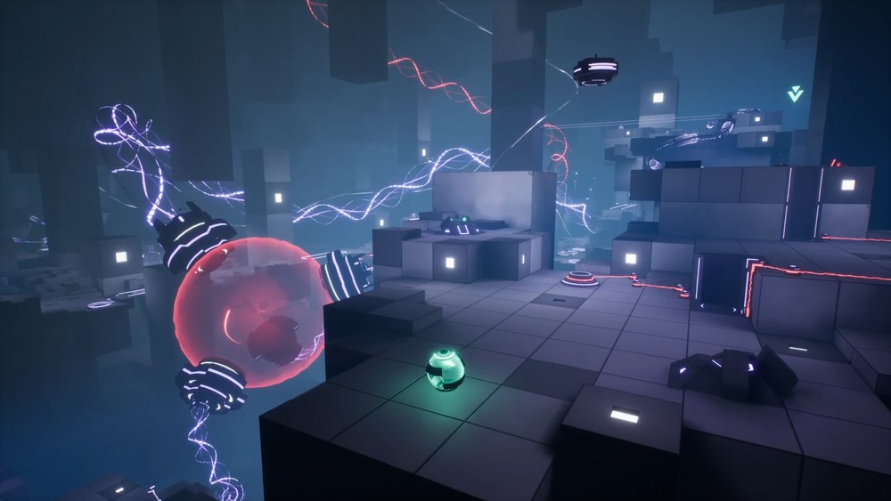 A glowing ball rolls around. The level is made of cubes floating in the void, surrounding a large pulsing energy ball.
