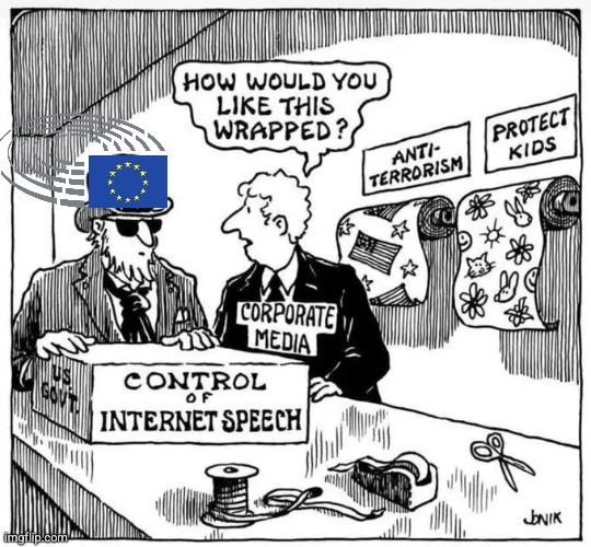 modified caricature about how somone wants control of internet speech to be wrapped