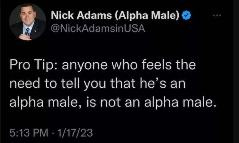 Pro Tip: anyone who feels the need to tell you that he's an alpha male, is not an alpha male.  -- Nick Adams (Alpha Male)