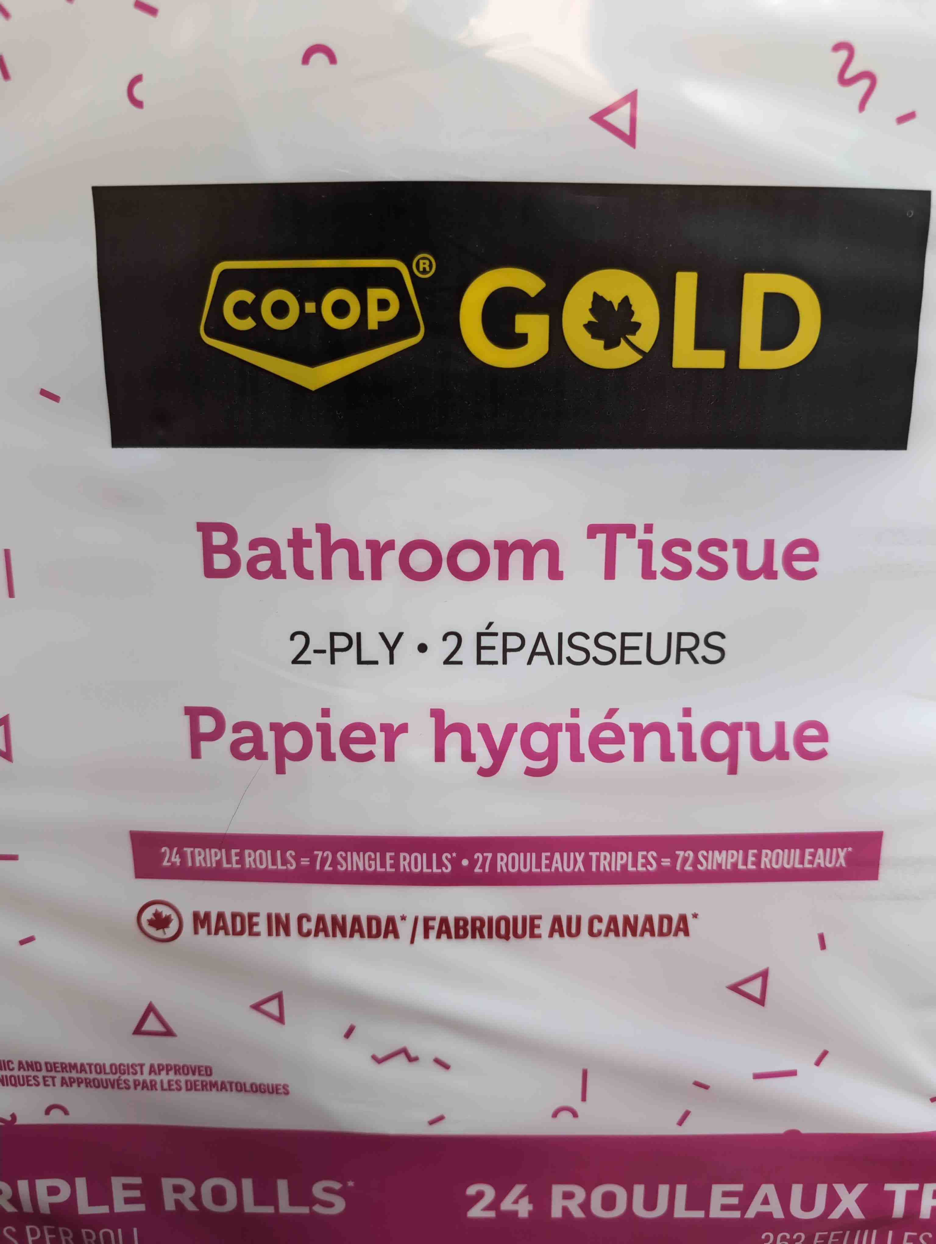 Packaging of CO-OP Gold 2-Ply Bathroom Tissue. Prominent Made in Canada label.