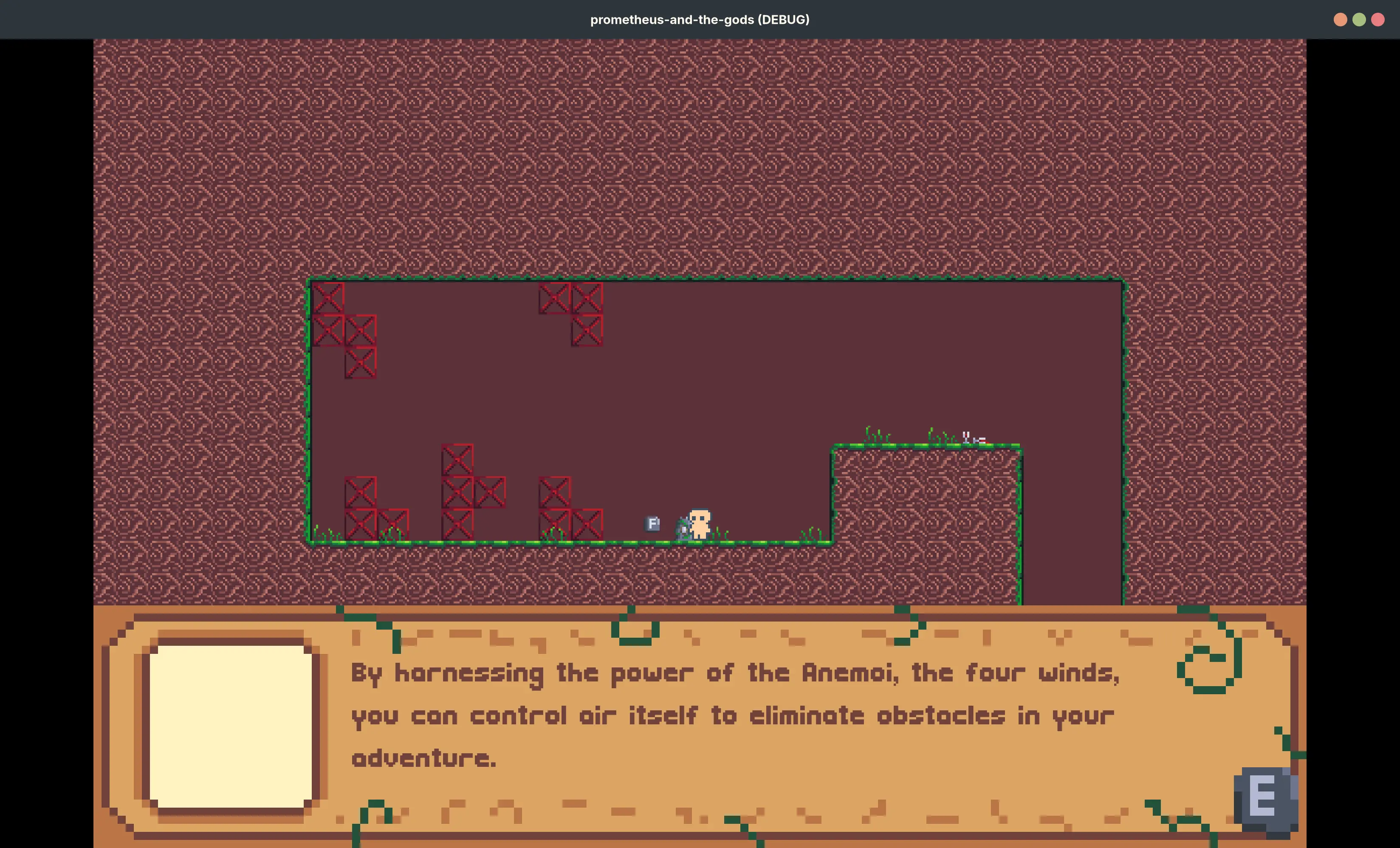 Player is interacting with a rock covered in vines with an whitish grey core. Dialogue box reads: "By harnessing the power of Anemoi, the four winds, you can control air itself to eliminate obstacles in your adventure."