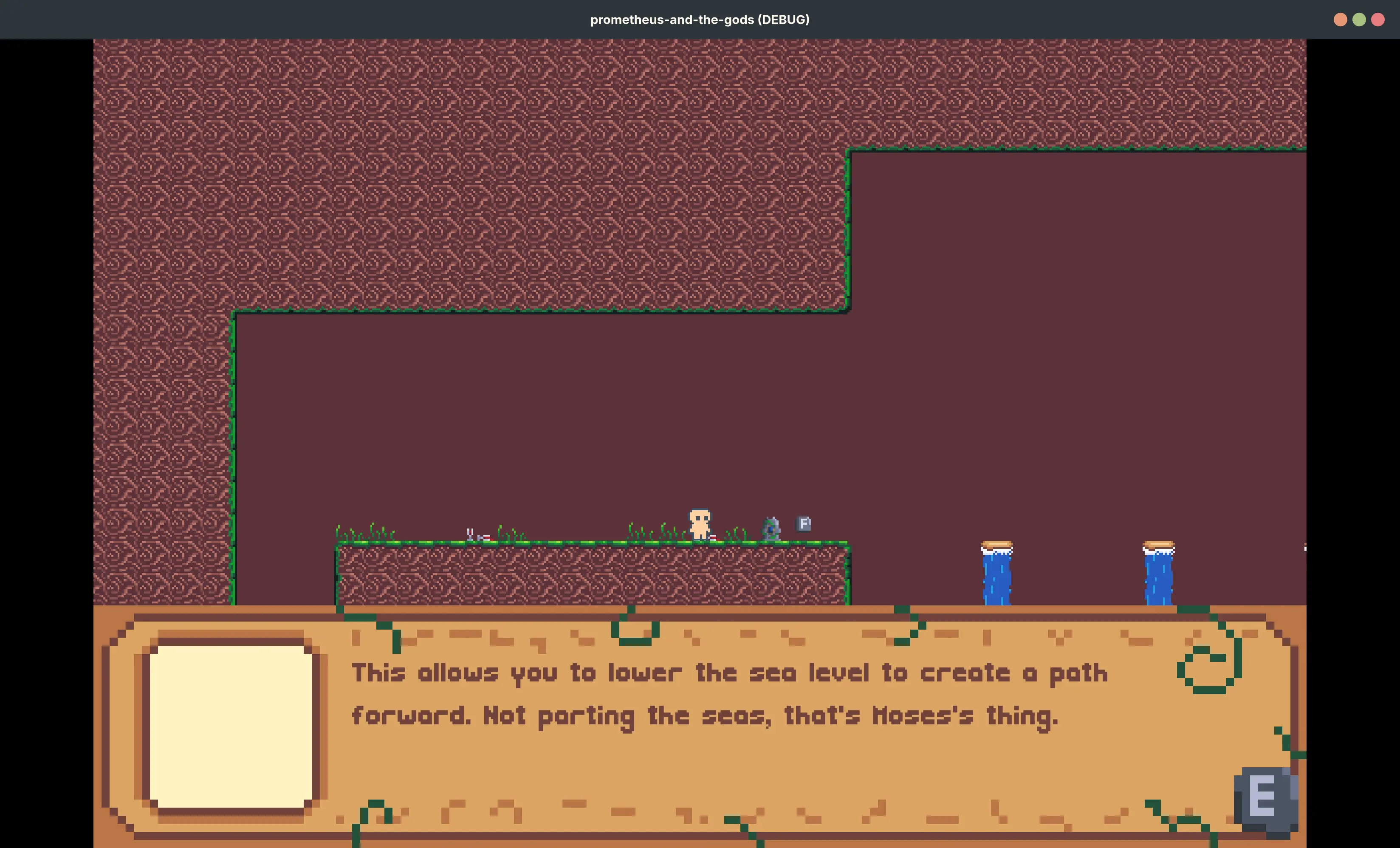 Player is interacting with a rock covered in vines with an blue core. Dialogue box reads: "This allows you to lower the sea level to create a path forward. Not parting the seas, that's Moses's thing."