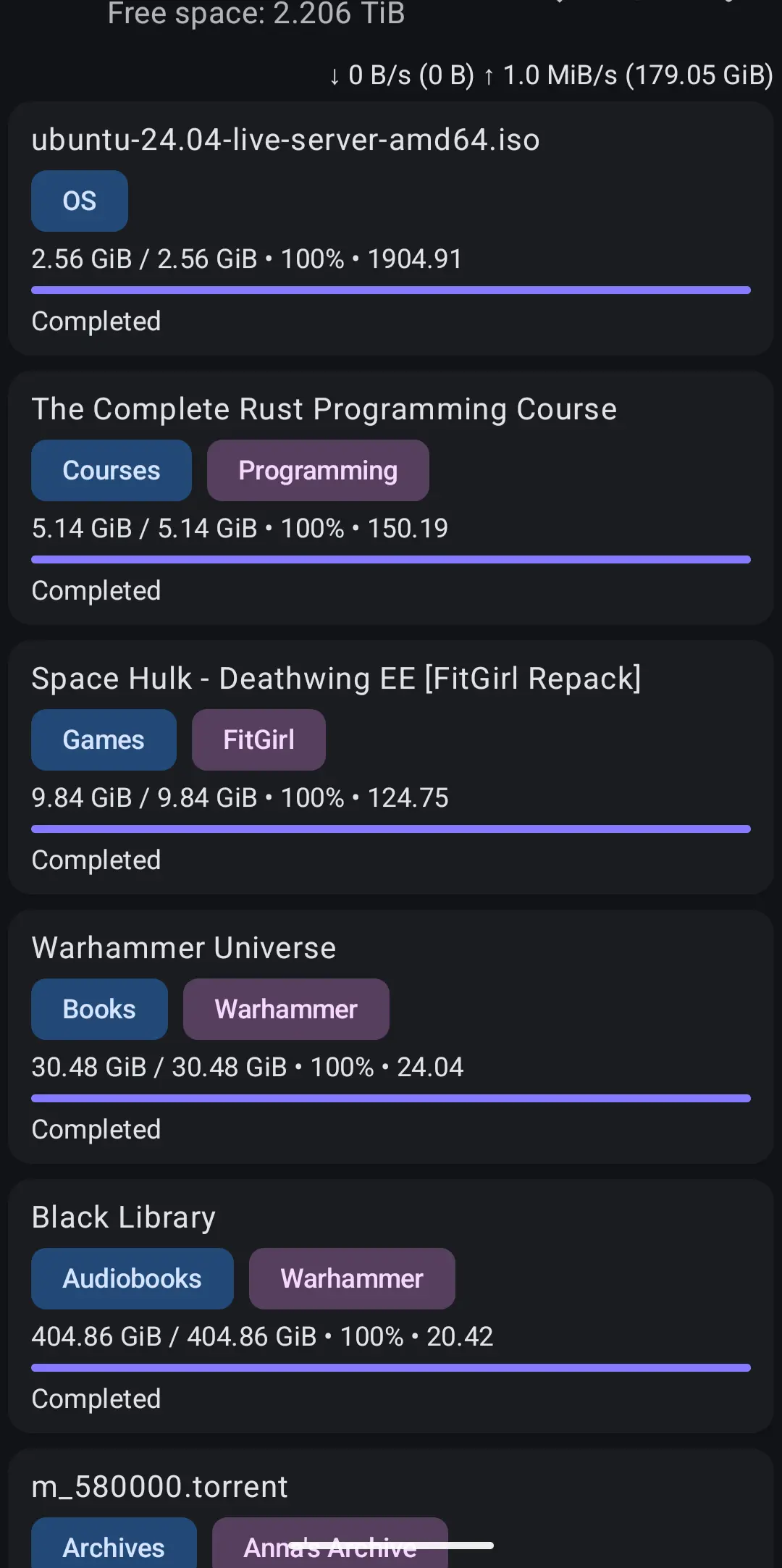 Picture of qBitTorrent app showing the torrents sorted by ratio, with Ubuntu live server iso in first place with 1904 ratio