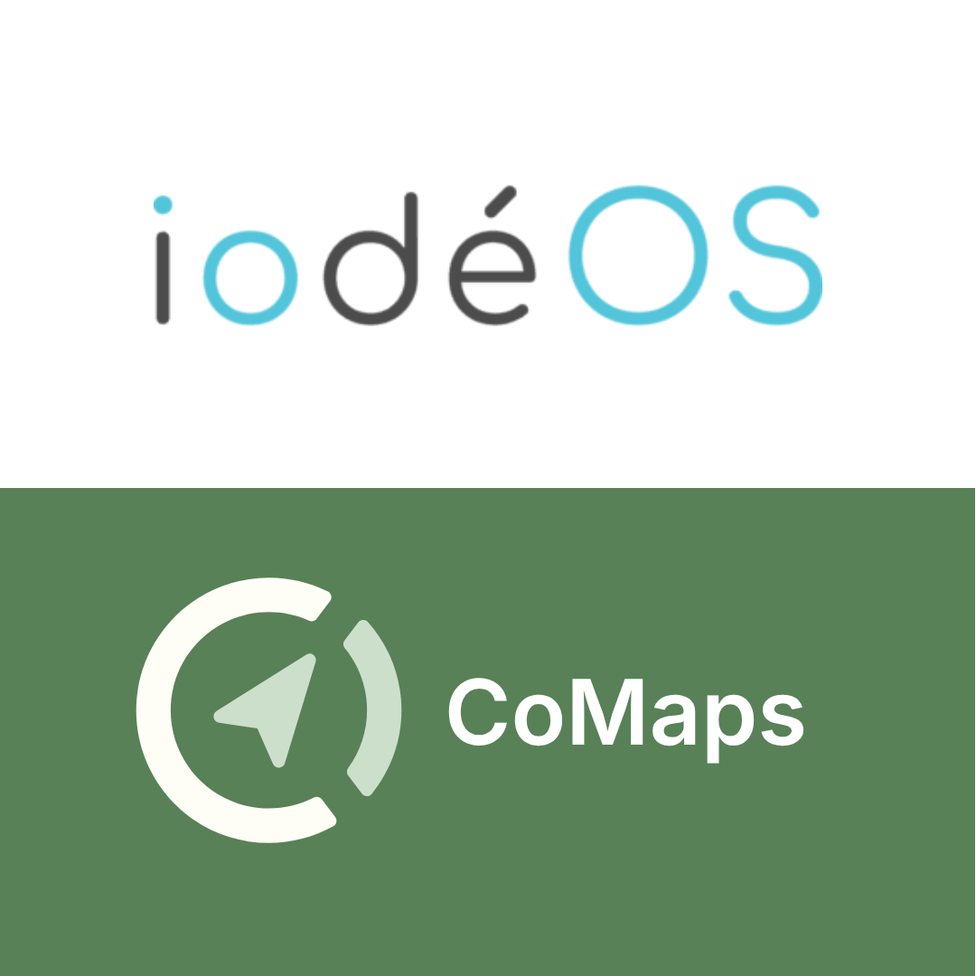 At the top the iodéOS logo, and at the bottom in olive green the CoMaps logo