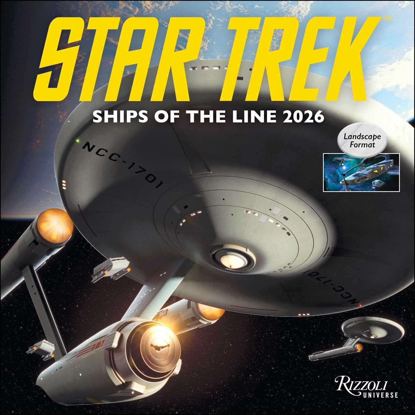 The 2026 Star Trek Ships of the Line Calendar, featuring the Original Starship Enterprise on the cover, over a planet with a shuttlecraft in the foreground and a one nacelled starship to the right behind it.