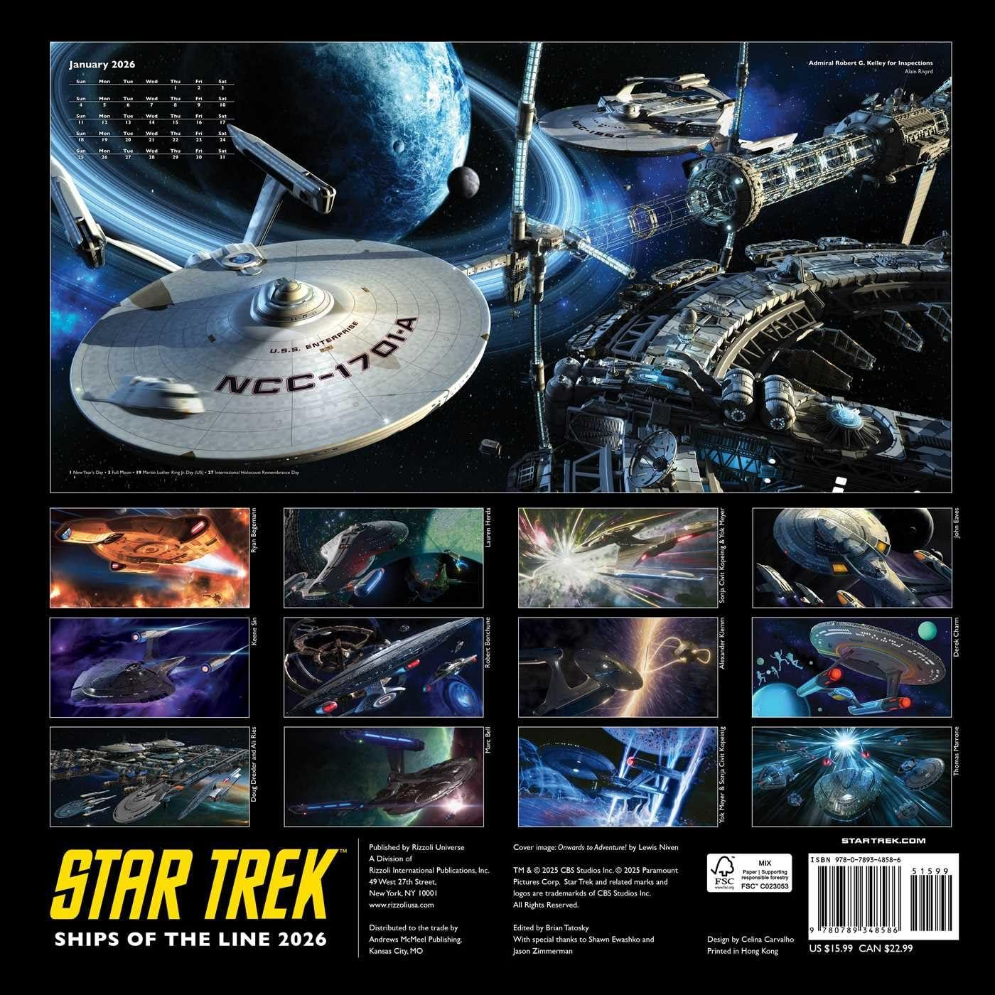 The back page of the Star Trek Ships of the Line Calendar for 2026 with multiple inset images of all the hero ships from Star Trek shows done by a variety of artists in photo real to cartoon styles, all in original artwork just for the calendar.