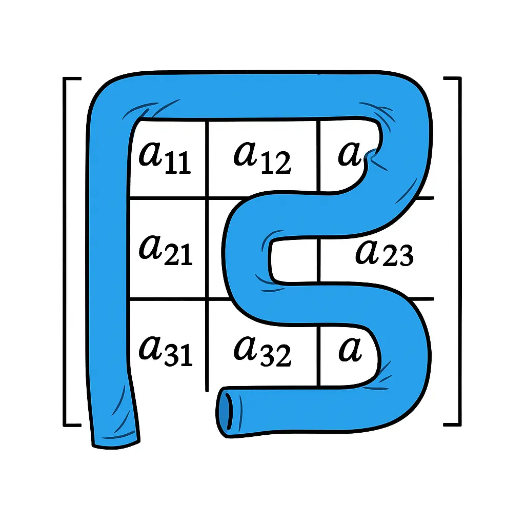 An ai generated 3x3 matrix "wearing" a single pant leg that follows a partial Hilbert curve. The Hilbert's curve is not totally accurate.