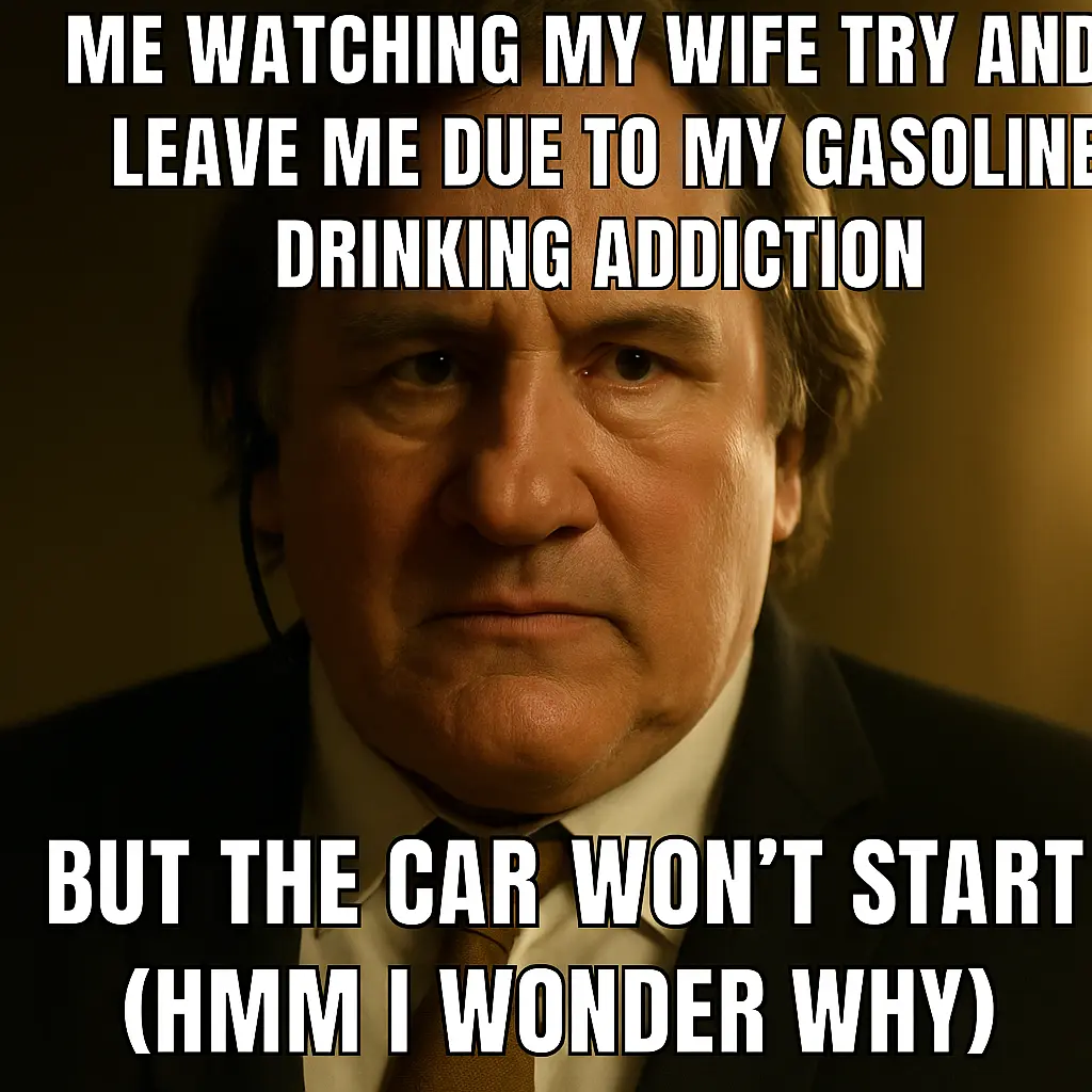 Too text: me watching my wife try and leave because of my gasoline drinking addiction. Bottom text: but the car won't start (hmm I wonder why). Background: a portrait of disappointed Gerard Depardieu