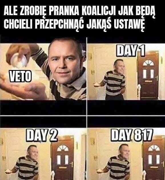 [Nawrocki przygotowuje prank - piankę na dłoni, z napisem veto i czai się za drzwiami, kolejne obrazki to dzień 1, 2 i 817 oczekiwania]