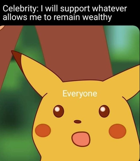 celebrity: I will support whatever let's me be wealthy. surprised Pikachu labeled everyone