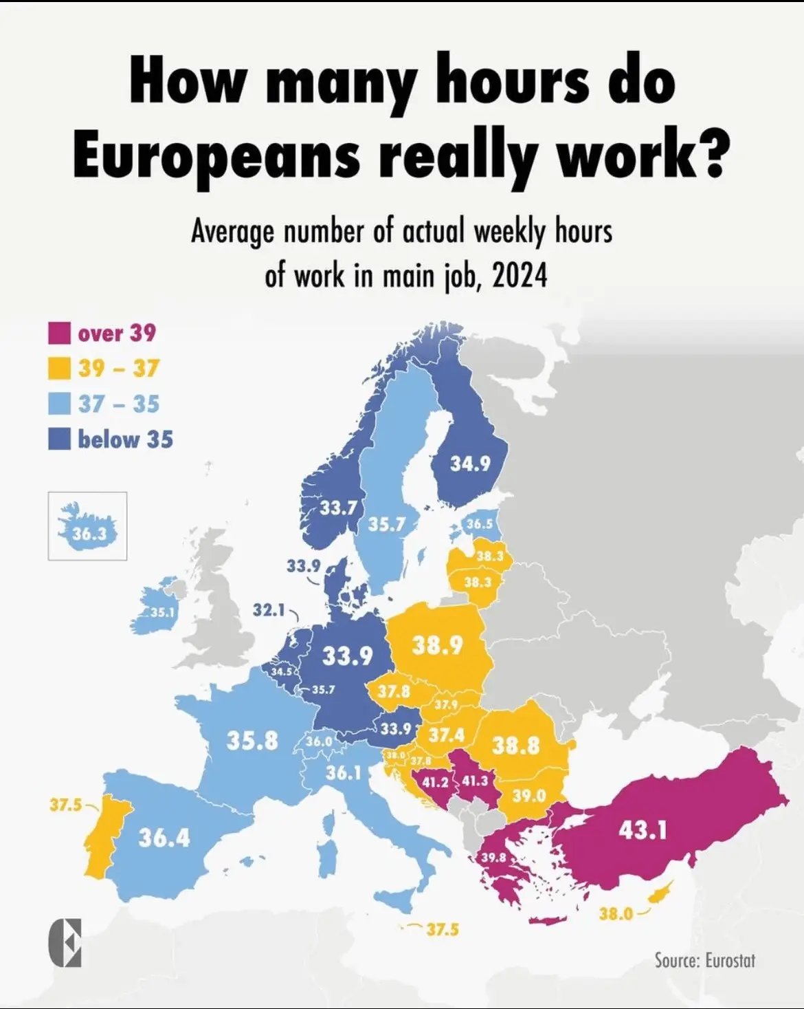 A map of working hours by country in Europe. It shows that northern countries typically work less hours 